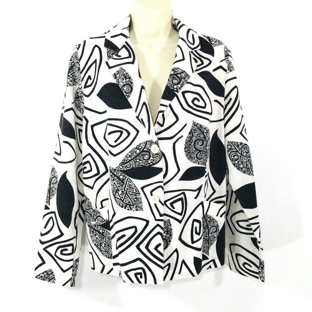 Vintage 80s Frayne Two Button Blazer Jacket Sz L Retro Black/White Pockets